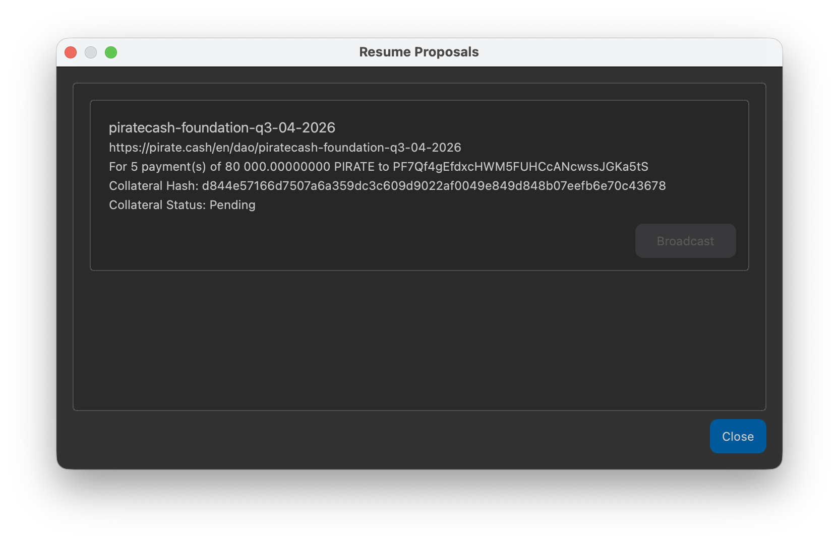 Окно Resume Proposals с предложением в статусе Collateral Status Pending
