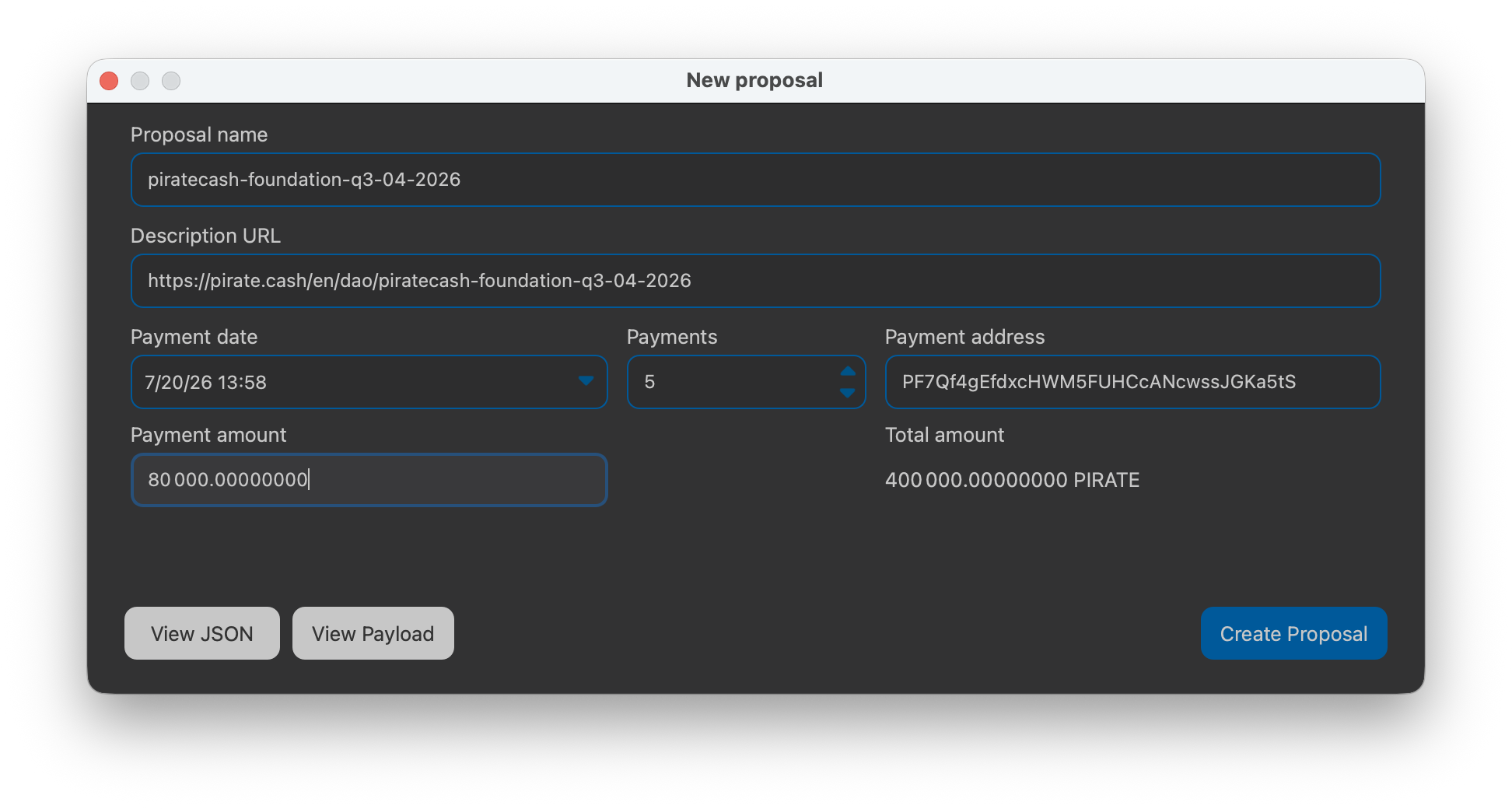 Форма New proposal с параметрами предложения PirateCash DAO